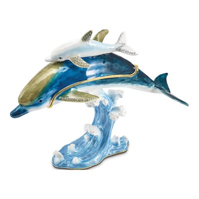 Luxury Giftware Pewter Bejeweled Crystals Gold-Tone Enameled Donovan And Donny Dolphins Trinket Box With Matching 18 Inch Necklace