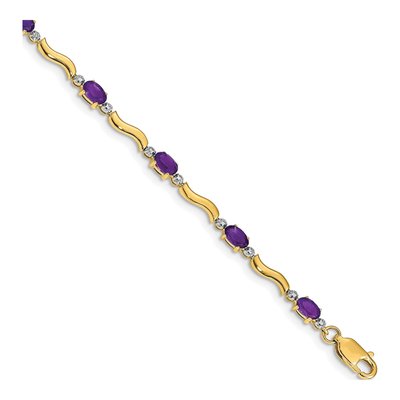 10K Yellow Gold Amethyst & Diamond Oval Wavy Link Bracelet