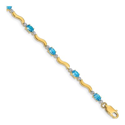14K Yellow Gold Swiss Blue Topaz & Diamond Oval Wavy Link Bracelet