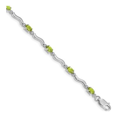 14K White Gold Peridot & Diamond Oval Wavy Link Bracelet