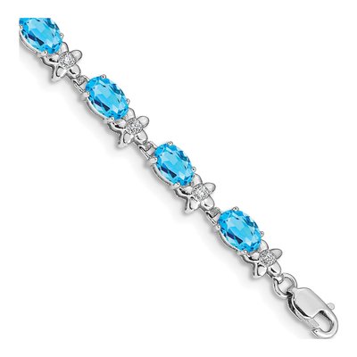 14K White Gold 0.11 ct tw Swiss Blue Topaz & Diamond Oval Floral Bracelet