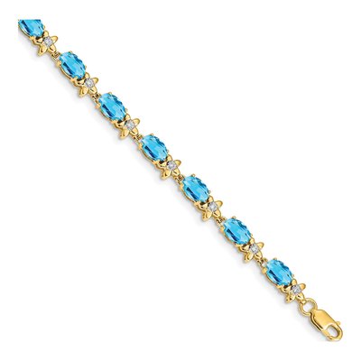 14K Yellow Gold 0.11 ct tw Swiss Blue Topaz & Diamond Floral Bracelet