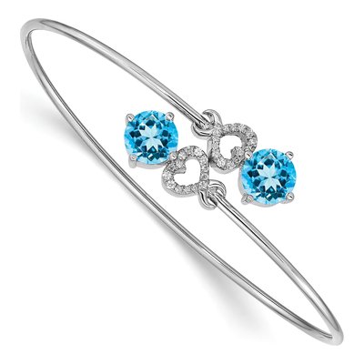 14K White Gold 1/8 ct tw Swiss Blue Topaz & Diamond Heart Bangle Bracelet