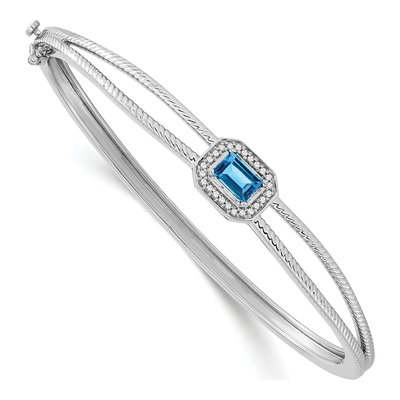 14K White Gold 1/10 ct tw Swiss Blue Topaz & Diamond Hinged Bangle Bracelet
