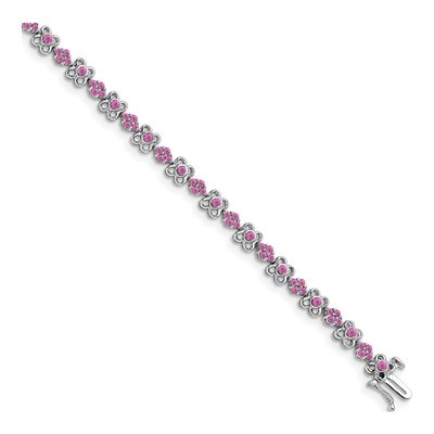 14K White Gold Lab-Created Pink Sapphire Flower Bracelet