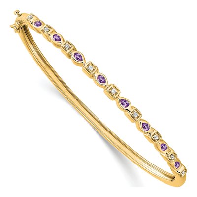 14K Yellow Gold 1/10 ct tw Amethyst & Diamond Hinged Bangle Bracelet
