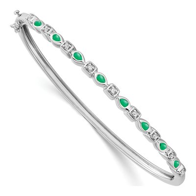 14K White Gold 1/10 ct tw Emerald & Diamond Hinged Bangle Bracelet