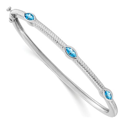 10K White Gold Swiss Blue Topaz 3-Stone Bangle Bracelet