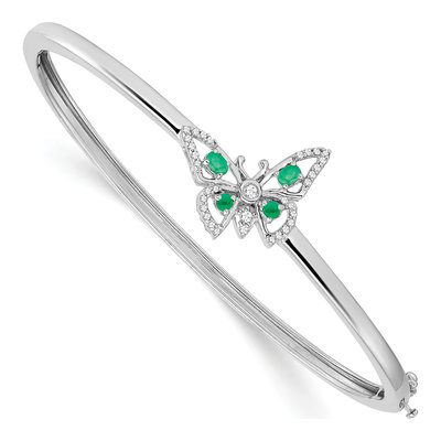 14K White Gold 1/6 ct tw Emerald & Diamond Butterfly Bangle Bracelet