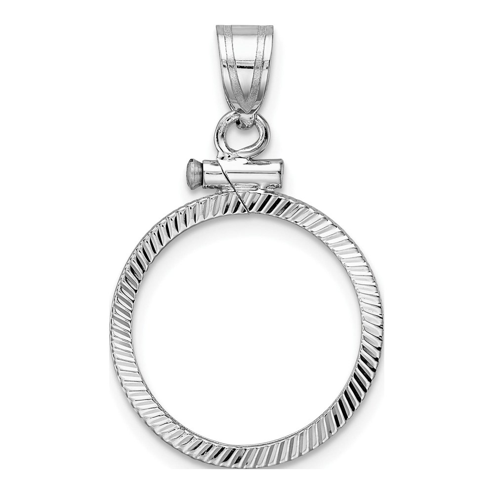 Wideband Distinguished Coin Jewelry 14K White Gold Rhodium-Plated Polished And Diamond-Cut 16.5mm X 1.35mm Screw Top Coin Bezel Pendant