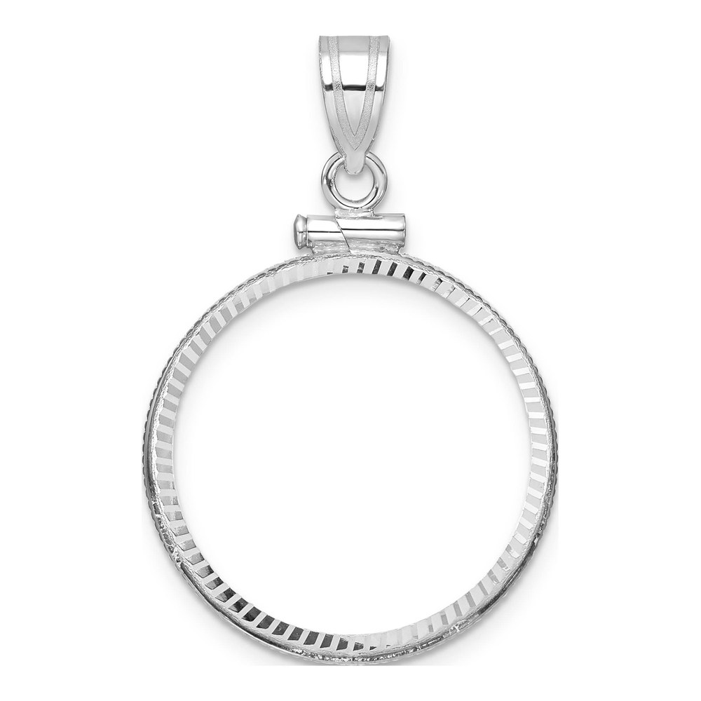 Wideband Distinguished Coin Jewelry 14K White Gold Rhodium-Plated Polished And Diamond-Cut 22.0mm X 1.9mm Screw Top Coin Bezel Pendant