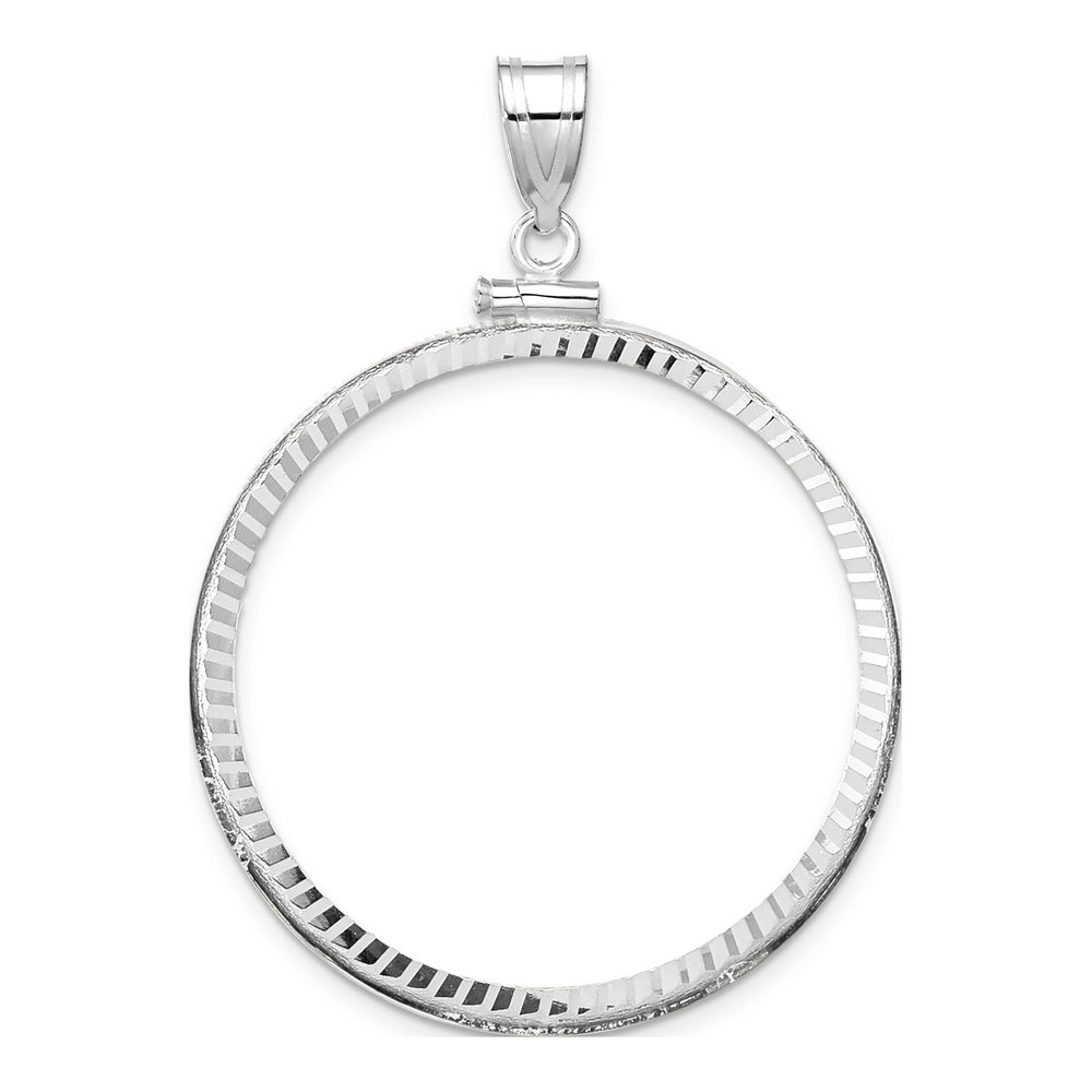 Wideband Distinguished Coin Jewelry 14K White Gold Rhodium-Plated Polished And Diamond-Cut 34.2mm X 2.85mm Screw Top Coin Bezel Pendant