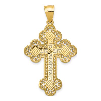 14K Yellow Gold Budded Greek Key Cross Pendant