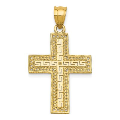 14K Yellow Gold Greek Key Filigree Cross Pendant