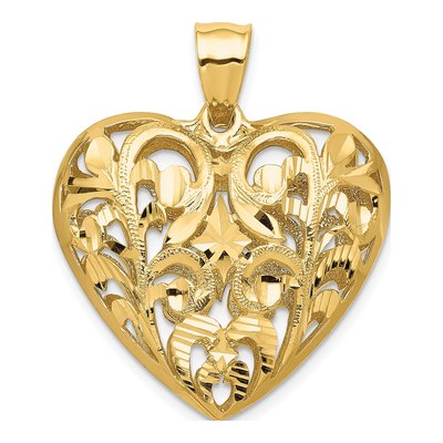 14K Yellow Gold Diamond-Cut Filigree 3-D Heart Pendant