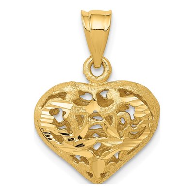 14K Yellow Gold Puffed Heart Filigree Pendant