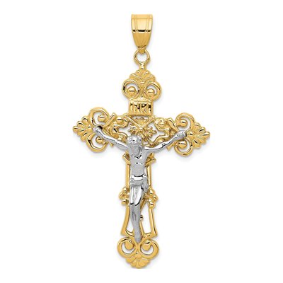 14K Two-Tone Gold INRI Fleur de Lis Crucifix Pendant