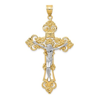 14K Two-Tone Gold INRI Fleur de Lis Crucifix Pendant