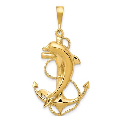 14K Yellow Gold Anchor Dolphin Pendant