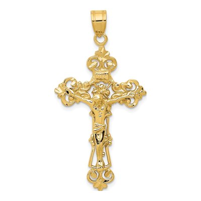 14K Yellow Gold INRI Fleur de Lis Crucifix Pendant