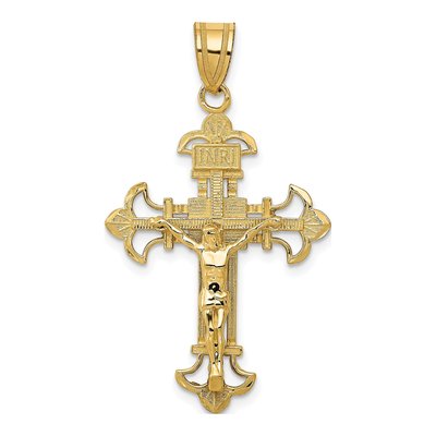 14K Yellow Gold INRI Fleur de Lis Crucifix Pendant