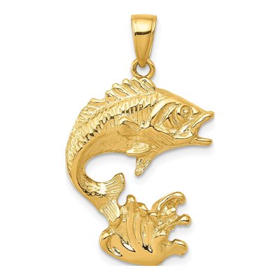 14K Yellow Gold Open-Back Bass Fish Pendant