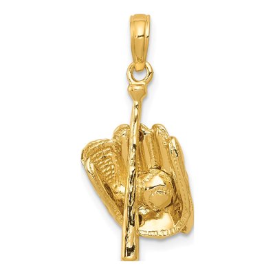 14K Yellow Gold 3D Baseball Glove Bat Pendant