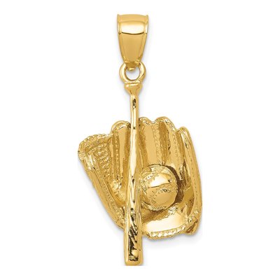 14K Yellow Gold 3-D Baseball Glove Bat Pendant