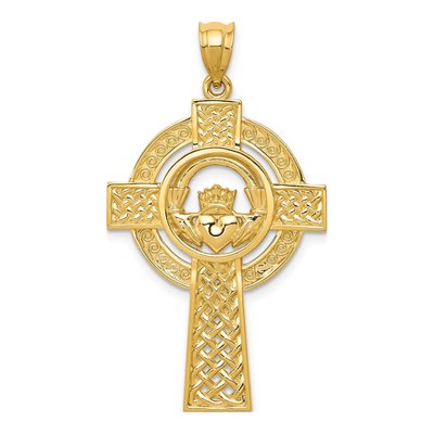 14K Yellow Gold Celtic Claddagh Cross Pendant