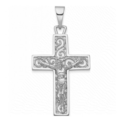 14K White Gold Large Filigree Crucifix Pendant
