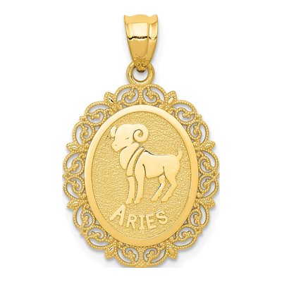 14K Yellow Gold Aries Zodiac Oval Pendant
