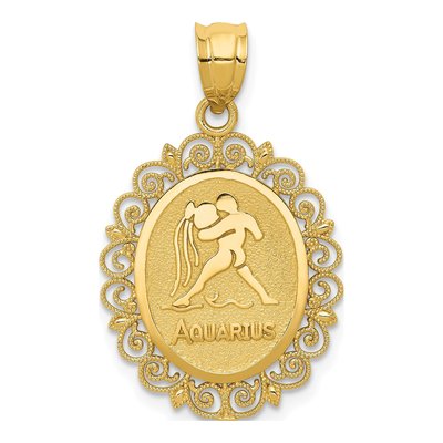 14K Yellow Gold Aquarius Zodiac Oval Pendant