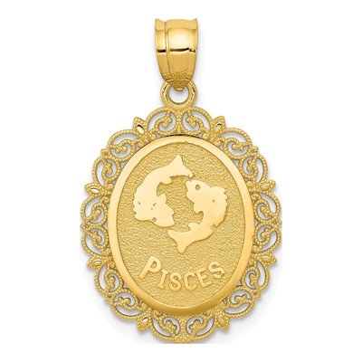 14K Yellow Gold Pisces Zodiac Oval Pendant