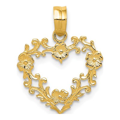 14K Yellow Gold Floral Border Heart Pendant