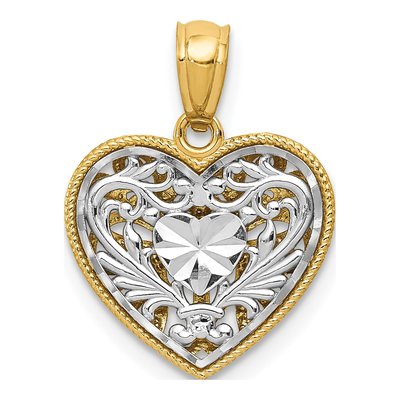 14K Two-Tone Gold Filigree Heart Pendant