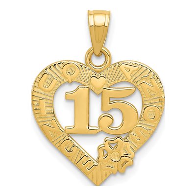 14K Yellow Gold Quinceaera Heart Pendant