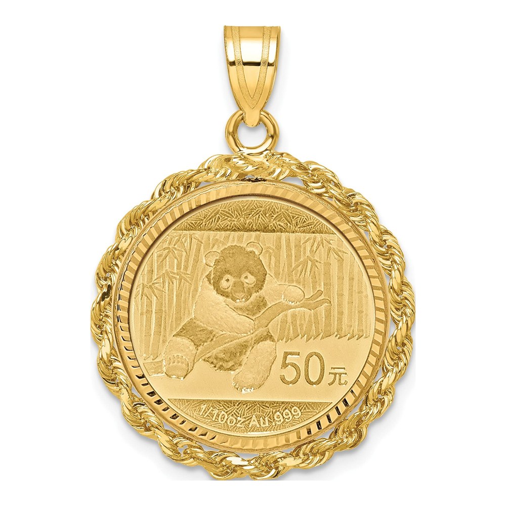 Wideband Distinguished Coin Jewelry 14K Yellow Gold Diamond-Cut Rope Prong Mounted 1/10oz Panda Coin Bezel Pendant