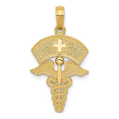 14K Yellow Gold Caduceus Nurses Cap Pendant