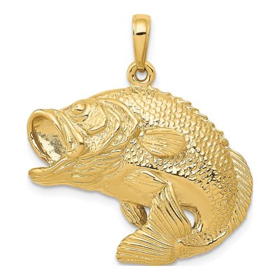 14K Yellow Gold Large Jumping Bass Fish Pendant