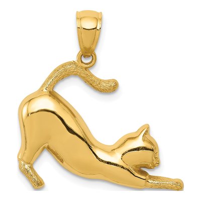 14K Yellow Gold Stretching Cat Pendant