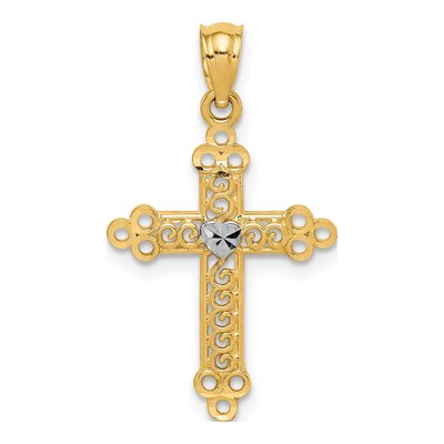 14K Yellow Gold Budded Cross Heart Pendant