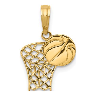 14K Yellow Gold Basketball Hoop Ball Pendant