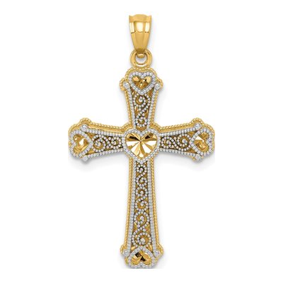 14K Two-Tone Gold Hearts Cross Pendant