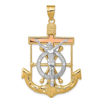 14K Tri-Color Gold Diamond-Cut Mariners Crucifix Pendant