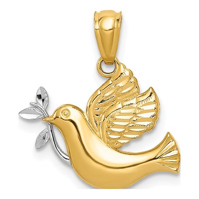 14K Yellow Gold Dove Olive Branch Pendant