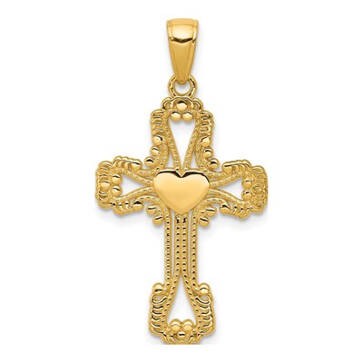 14K Yellow Gold Beaded Cross Heart Pendant