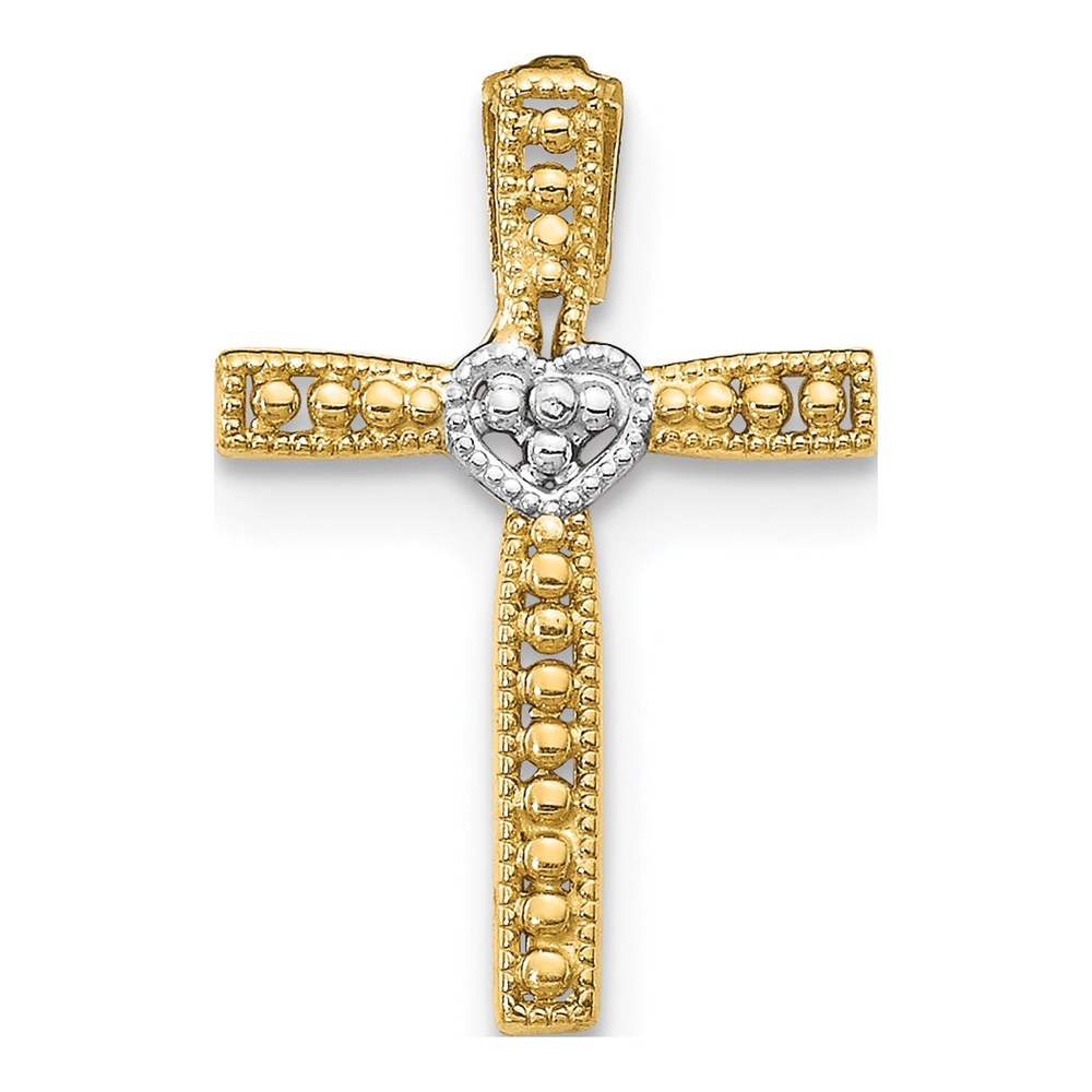 14K Gold & Rhodium Cross Heart Pendant Charm