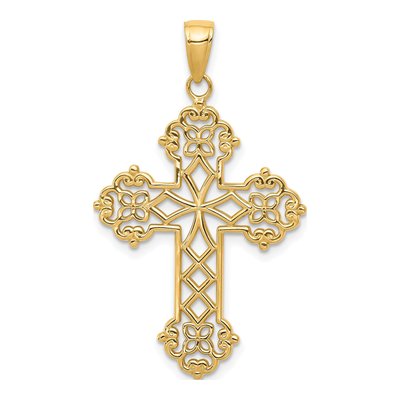 14K Yellow Gold Lacey Budded Cross Pendant