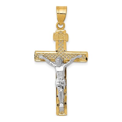 14K Two-Tone Gold Diamond-Cut Lattice Cross Pendant