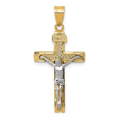 14K Two-Tone Gold Lattice Crucifix Cross Pendant